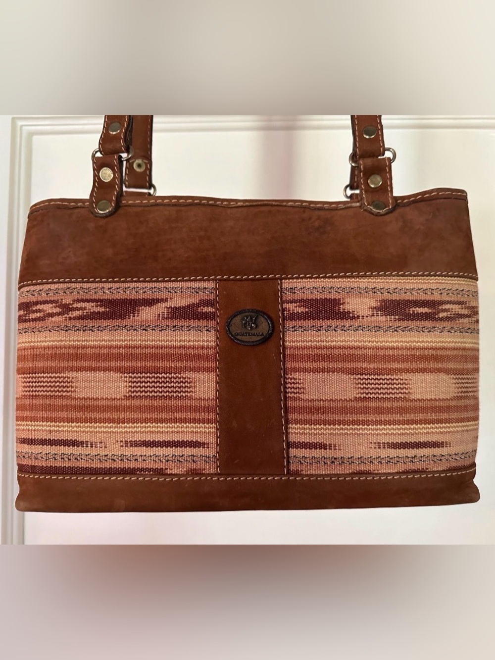 Vintage Suede Leather Shoulder Bag With Tapestry Detail Made In Guatemala